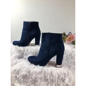 XOXO Yardley Dress Boots Navy Faux Suede Rhinestone Heels Size 9M Zipper Side